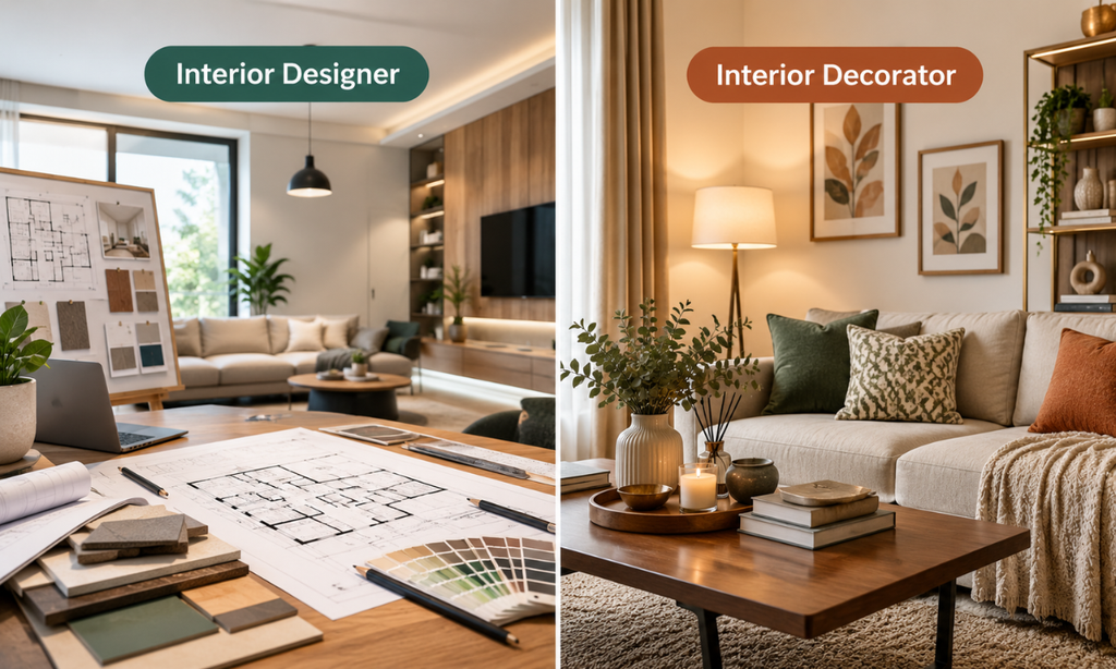 Interior designer and decorator comparing home design styles
